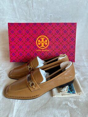 NIB Tory Burch Perrine Loafer Shoes Square Toe Logo Leather In Caramel Corn SZ 7